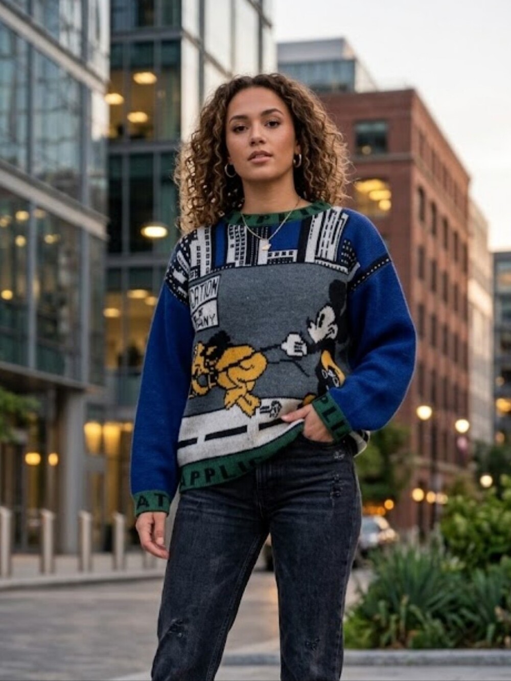 Vintage Mickey Mouse & Pluto Application Company City Skyline Knit Sweater